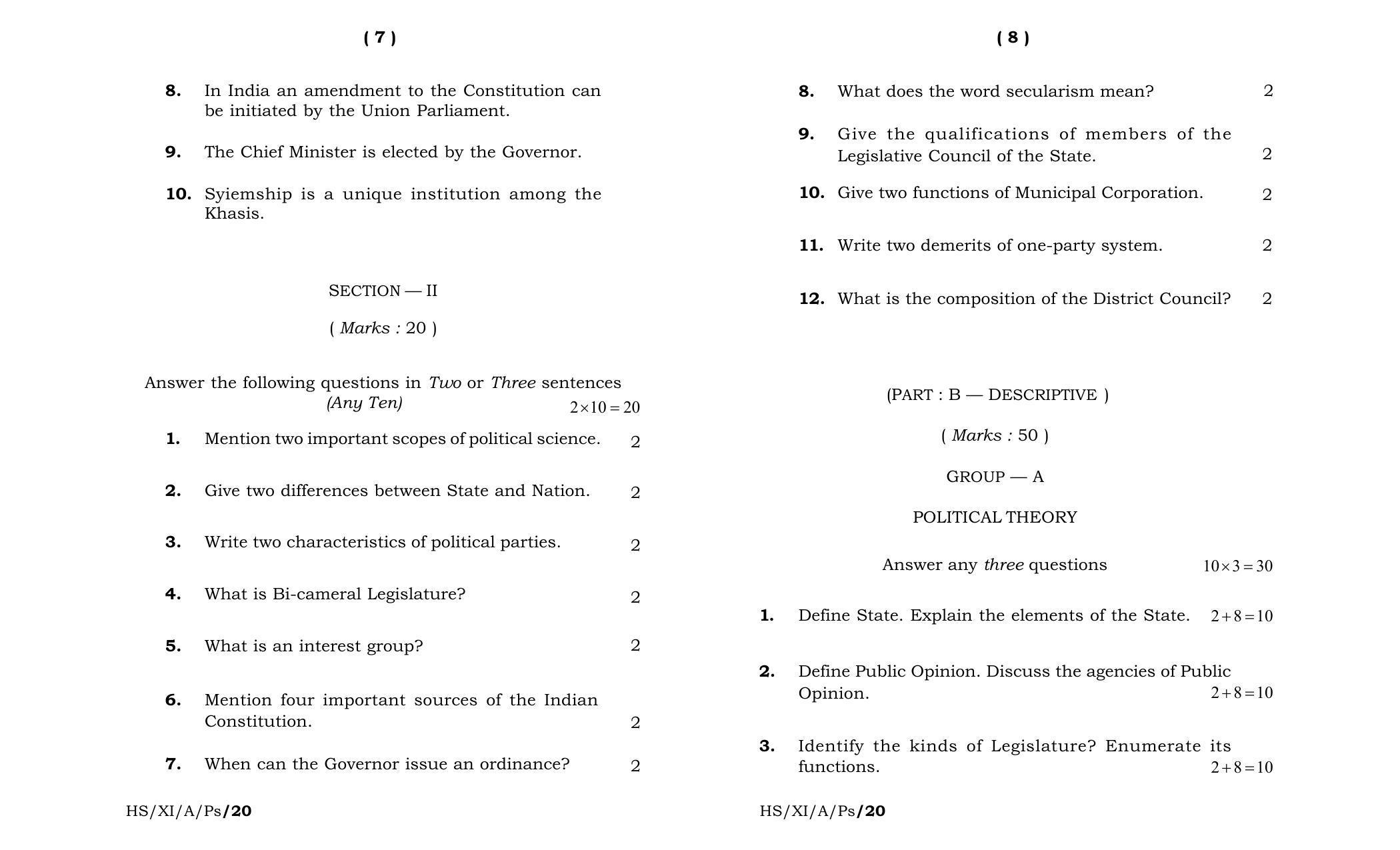 Meghalaya Board (MBOSE) Class 11 Political Science 2020 Question Paper - Page 4