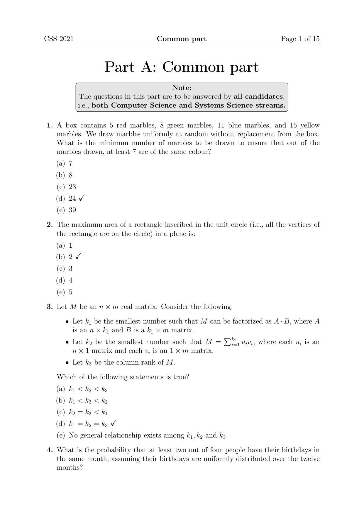 TIFR GS 2021 Computer & Systems Sciences Question Paper - Page 1