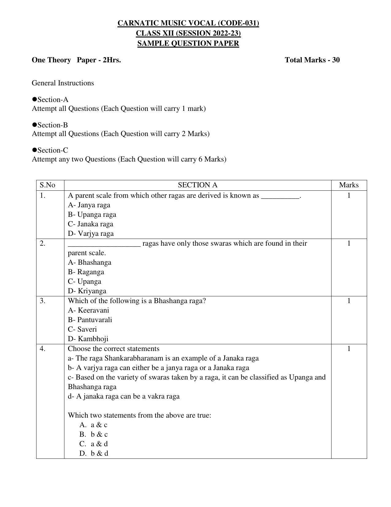 CBSE Class 12 Carnatic Vocal Sample Paper 2023 - Page 1