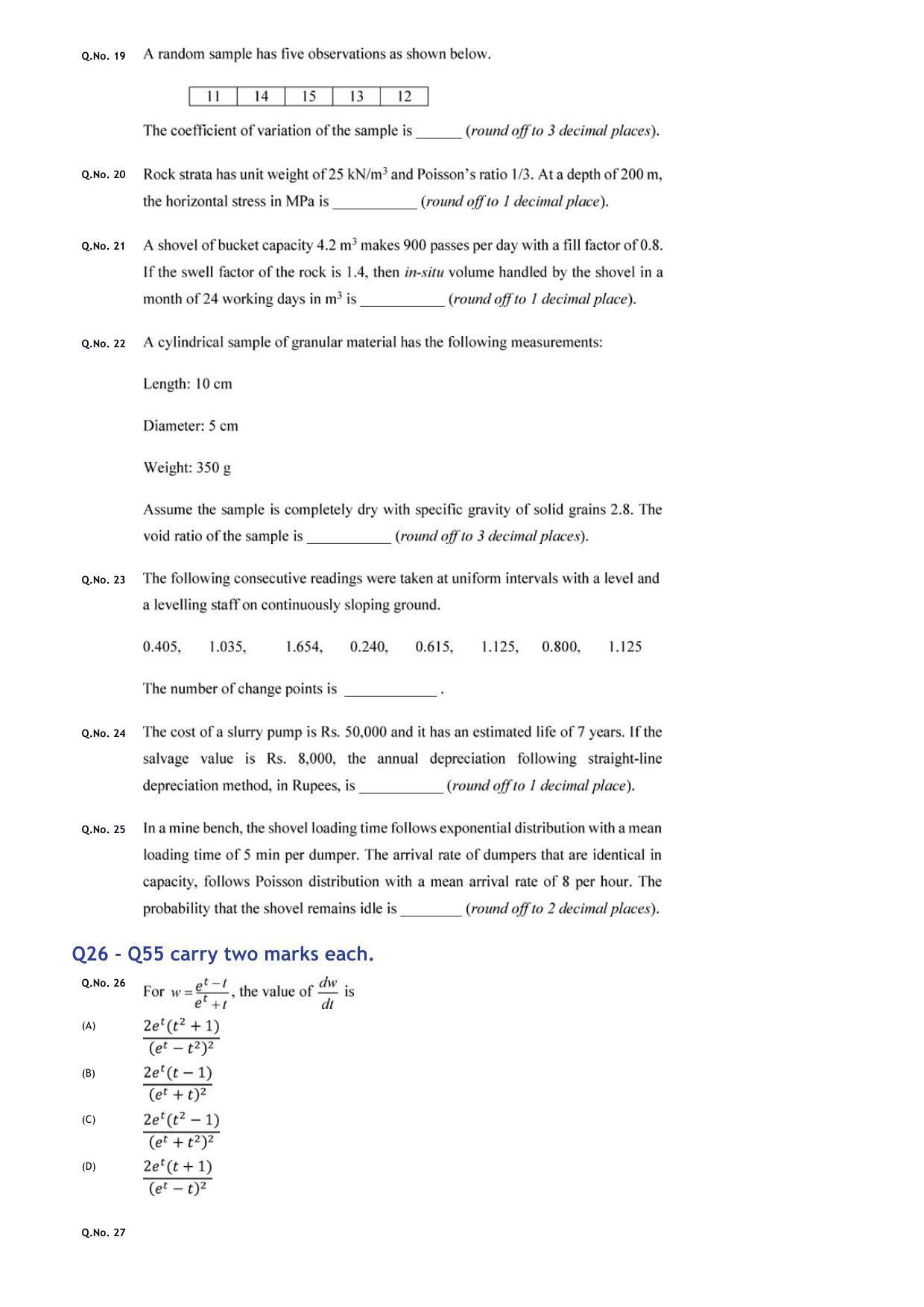 GATE 2020 Mining Engineering (MN) Question Paper - Page 7