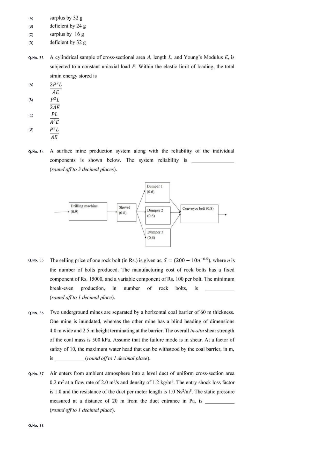 GATE 2020 Mining Engineering (MN) Question Paper - Page 9