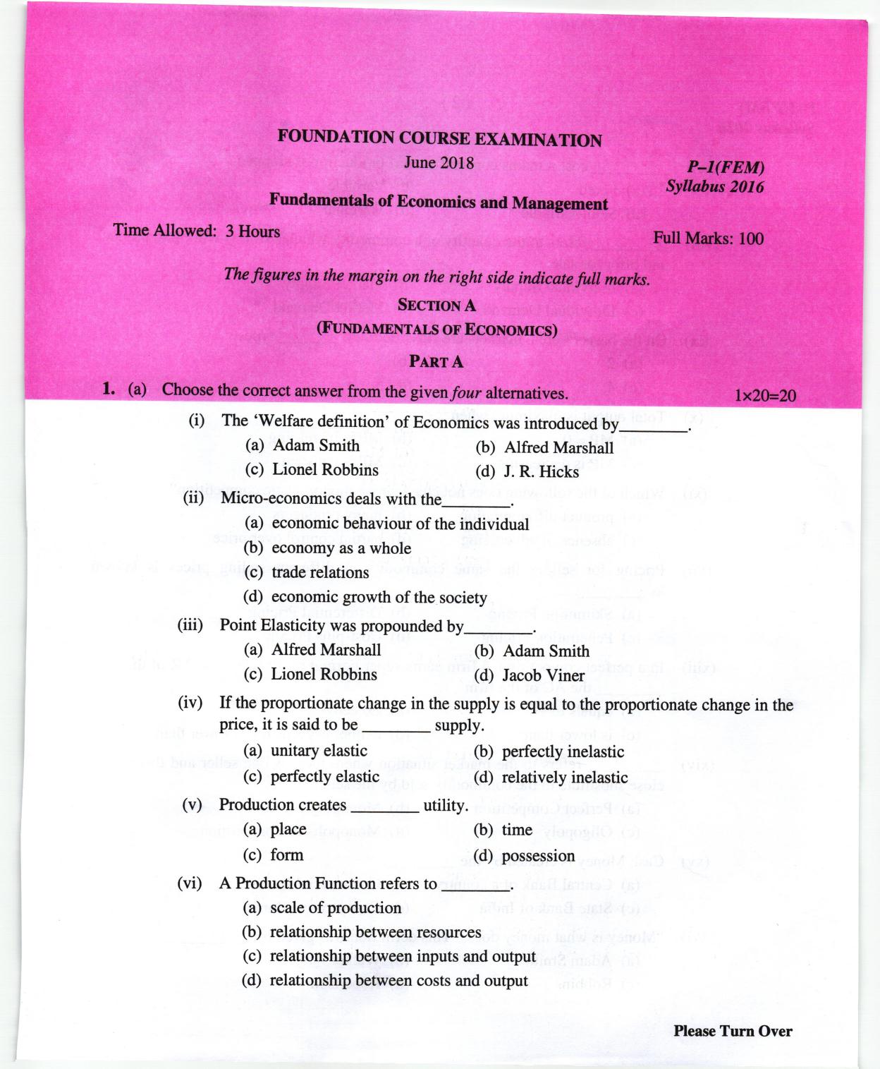 ICMAI June 2018 Fundamentals of Economics and Management (sec. A) Question Paper  - Page 1