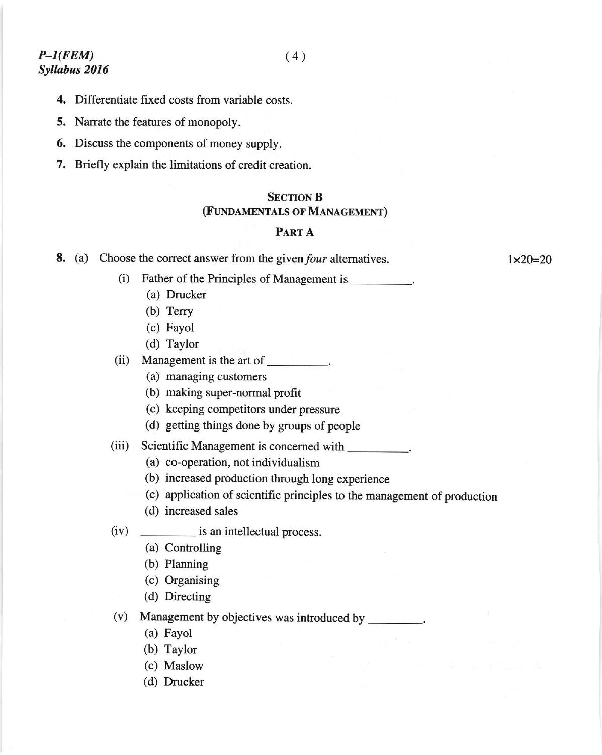 ICMAI June 2018 Fundamentals of Economics and Management (sec. A) Question Paper  - Page 4