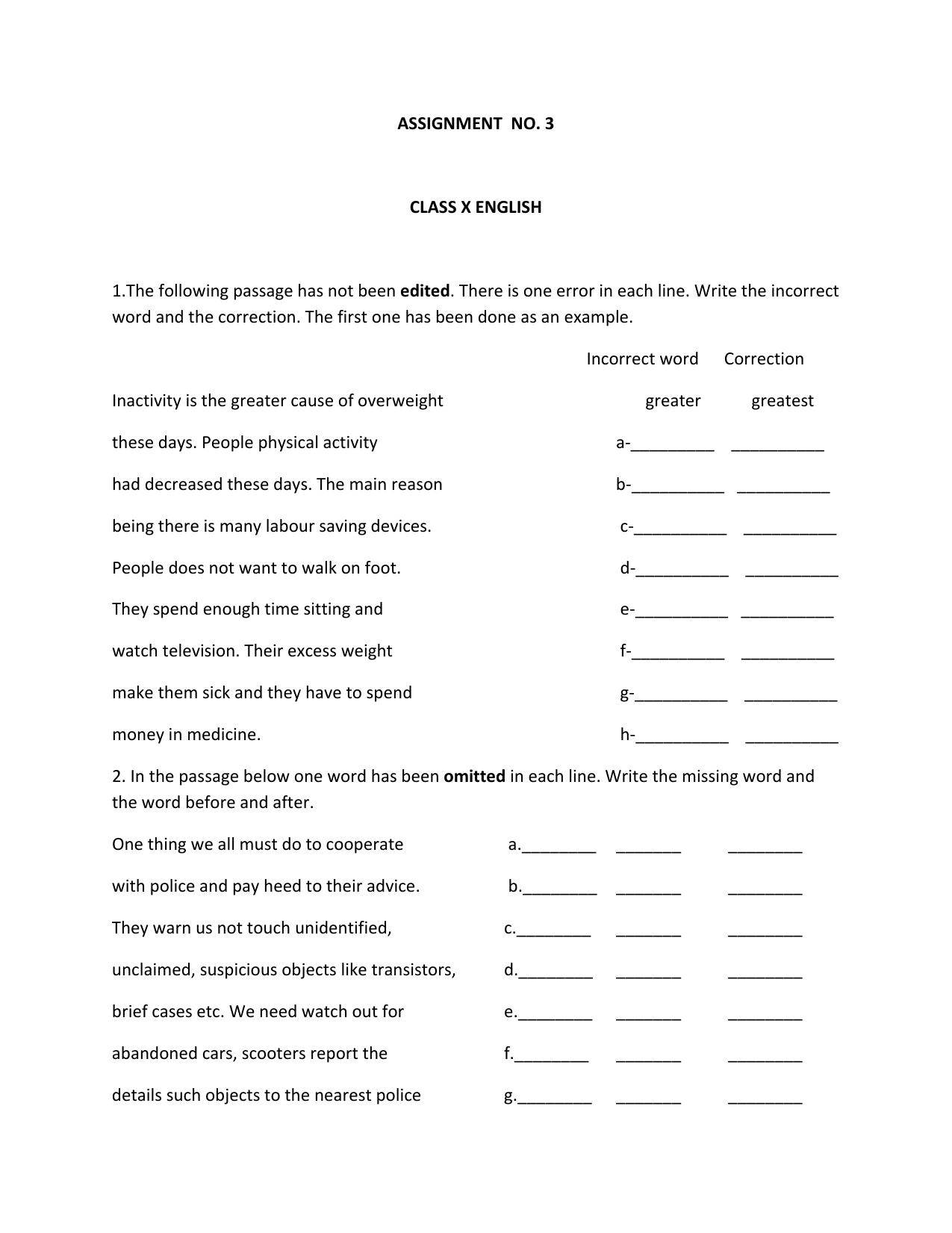 CBSE Worksheets for Class 10 English Assignment 1 - Page 1