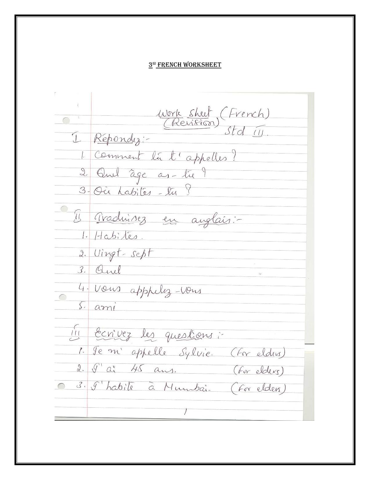 Worksheet for Class 3 French Assignment 7 - Page 1