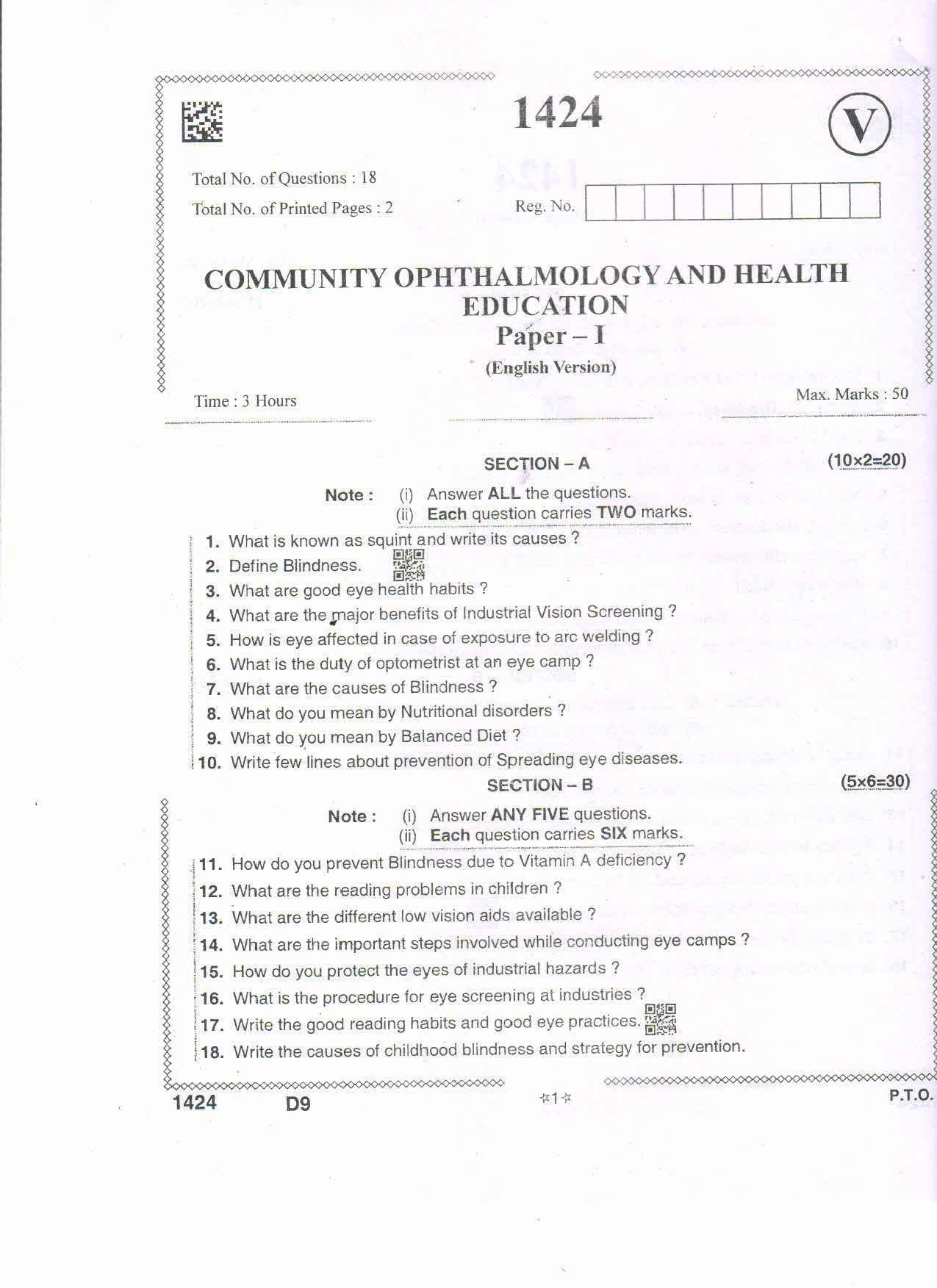 AP Intermediate 2nd Year Vocational Question Paper September-2021- Community_Opthalmology&Health_Education-I - Page 1