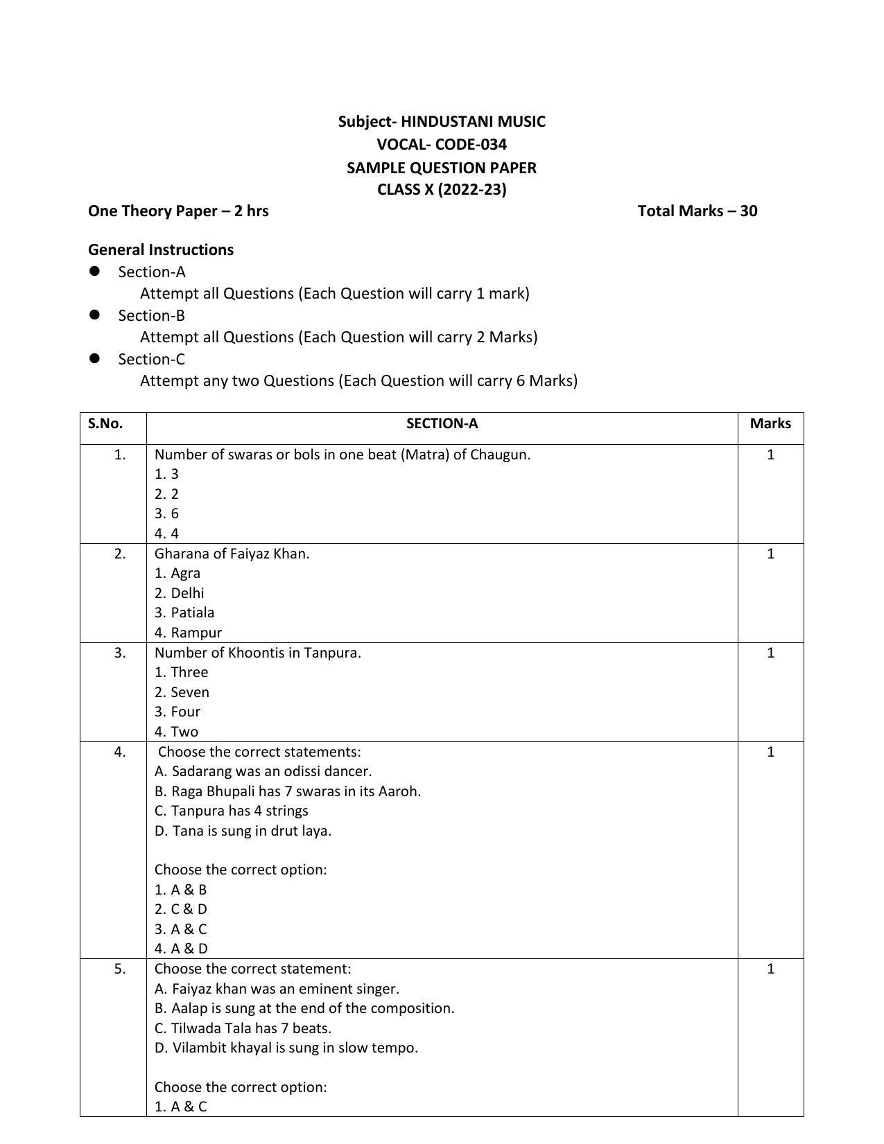 CBSE Class 10 Hindustani Music (Vocal) Sample Paper 2023 - Page 1