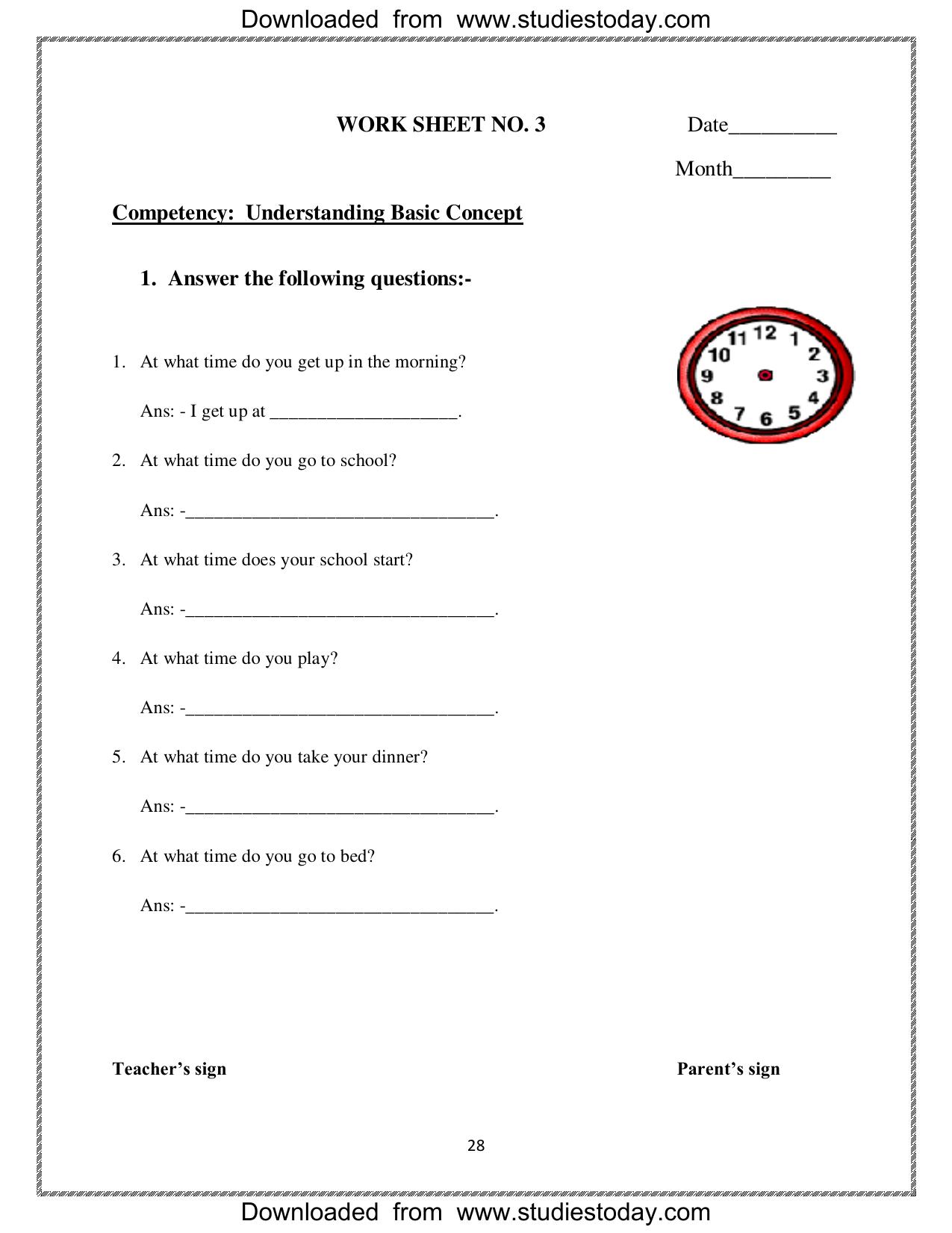 Worksheet for Class 1 Maths Time Assignment 3 - Page 1