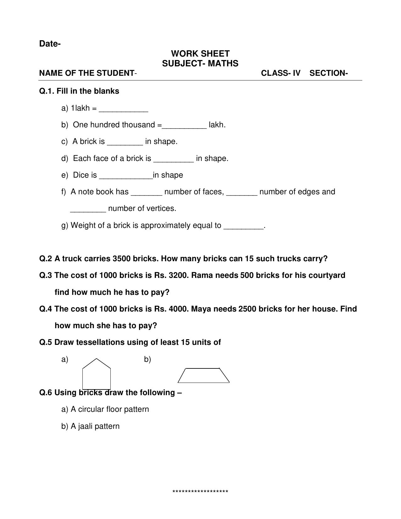 Worksheet for Class 4 Maths Assignment 91 - Page 1