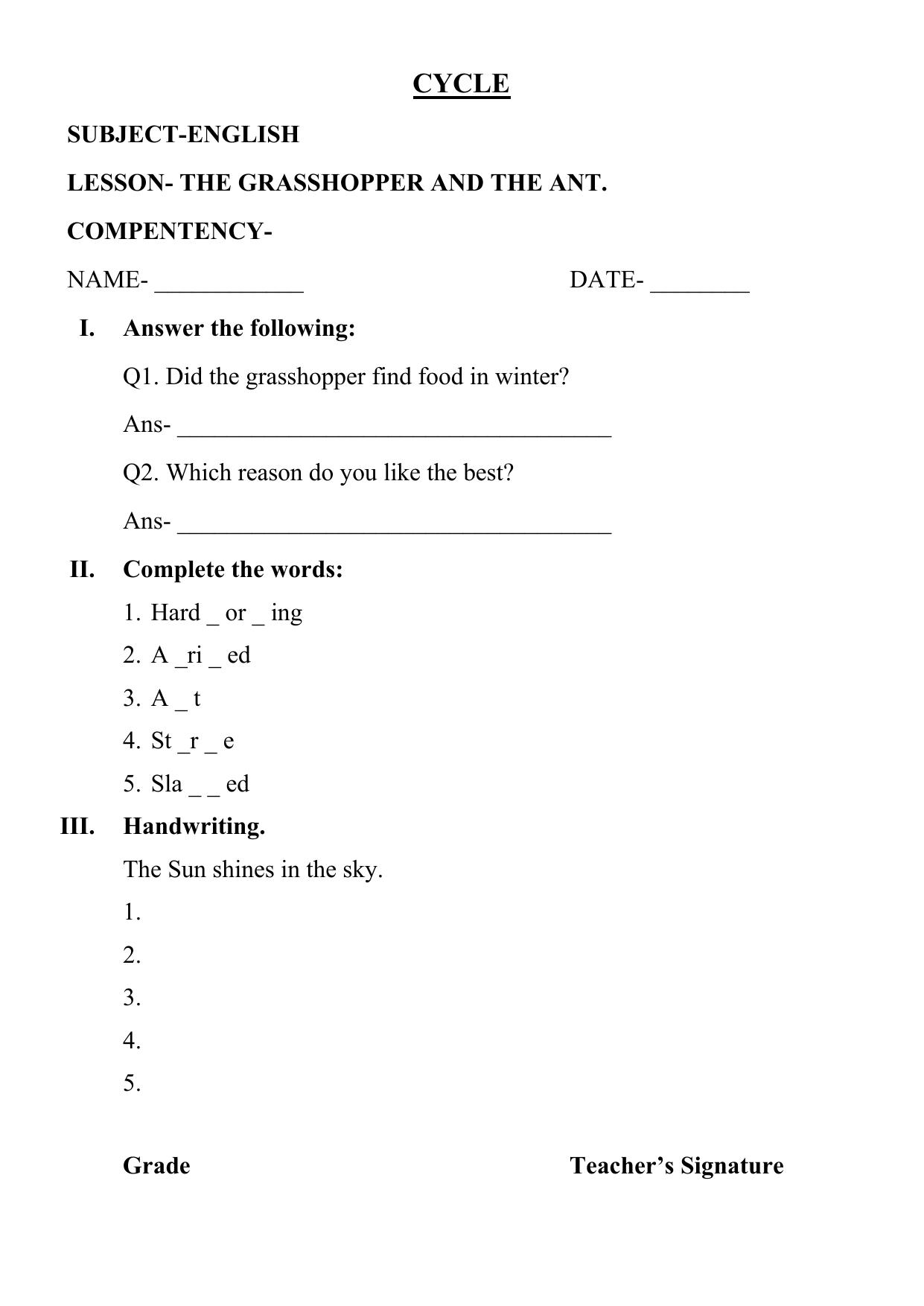 Worksheet for Class 2 English Assignment 92 The Grasshoper - Page 1