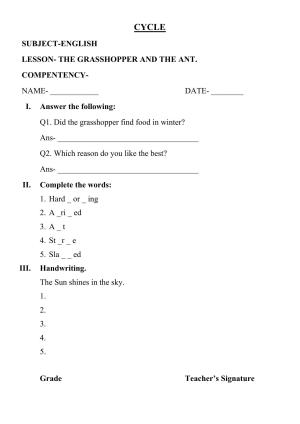 Worksheet for Class 2 English Assignment 92 The Grasshoper