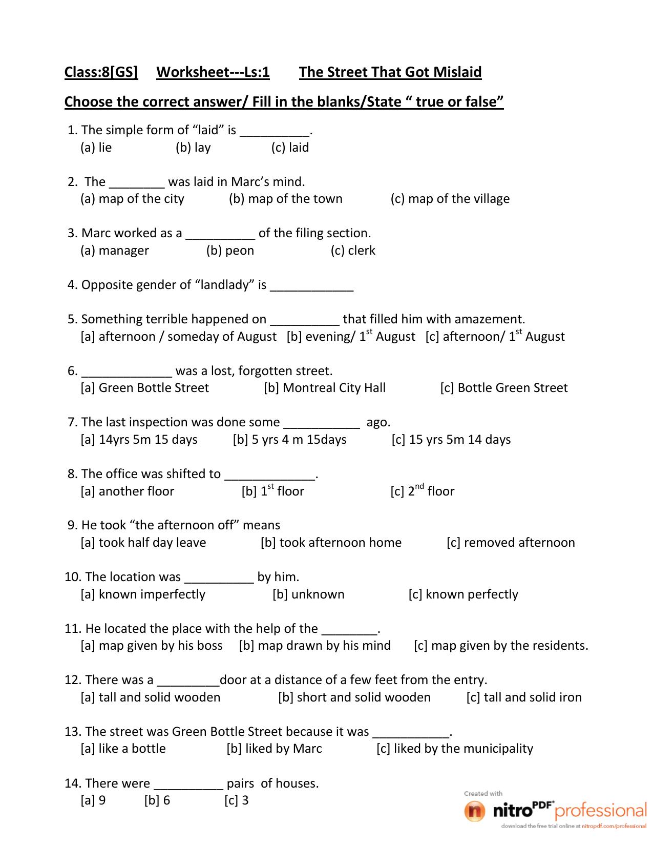CBSE Class 8 English Worksheet The Street That Got Mislaid Assignment - Page 1