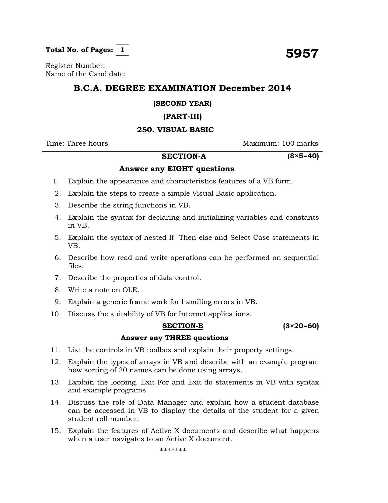 Annamalai University Visual Basic B.C.A. (OUS) December 2014 Question Papers - Page 1