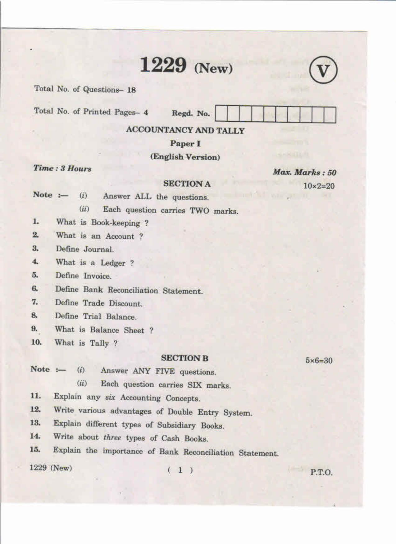 AP Inter 1st Year Accountancy and Tally-I (New) May-2019-Vocational Question Paper - Page 1