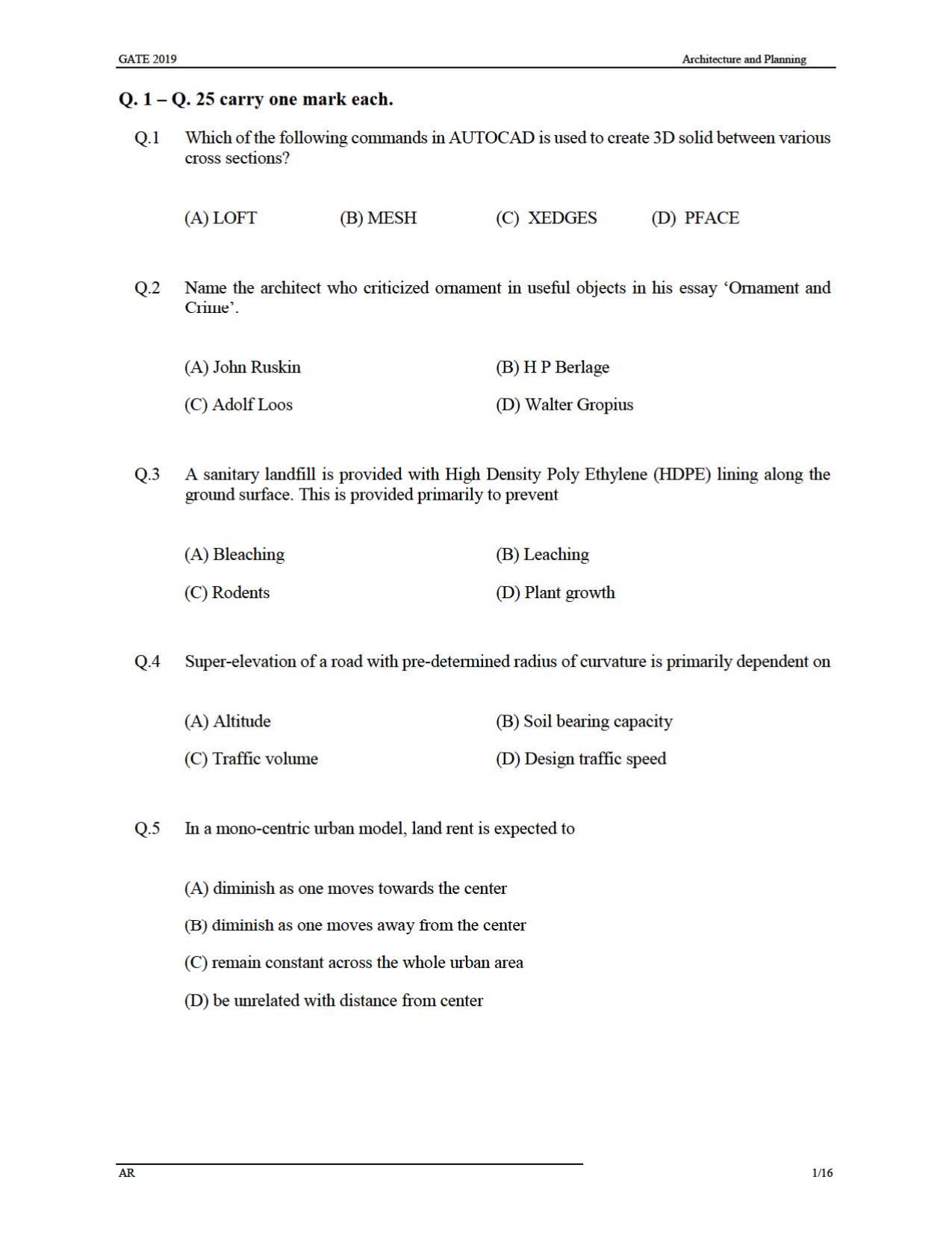 GATE 2019 Architecture and Planning (AR) Question Paper - Page 4