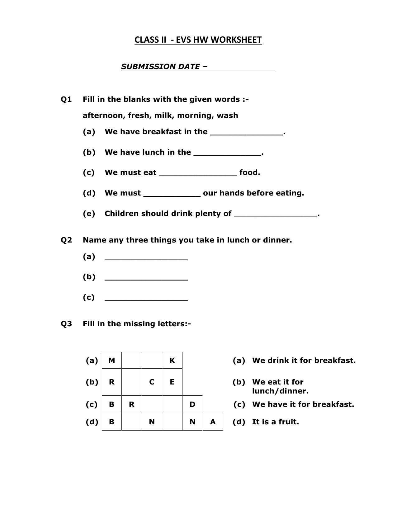 Worksheets for Class 2 EVS Assignment 43 Breakfast Lunch Dinner - Page 1