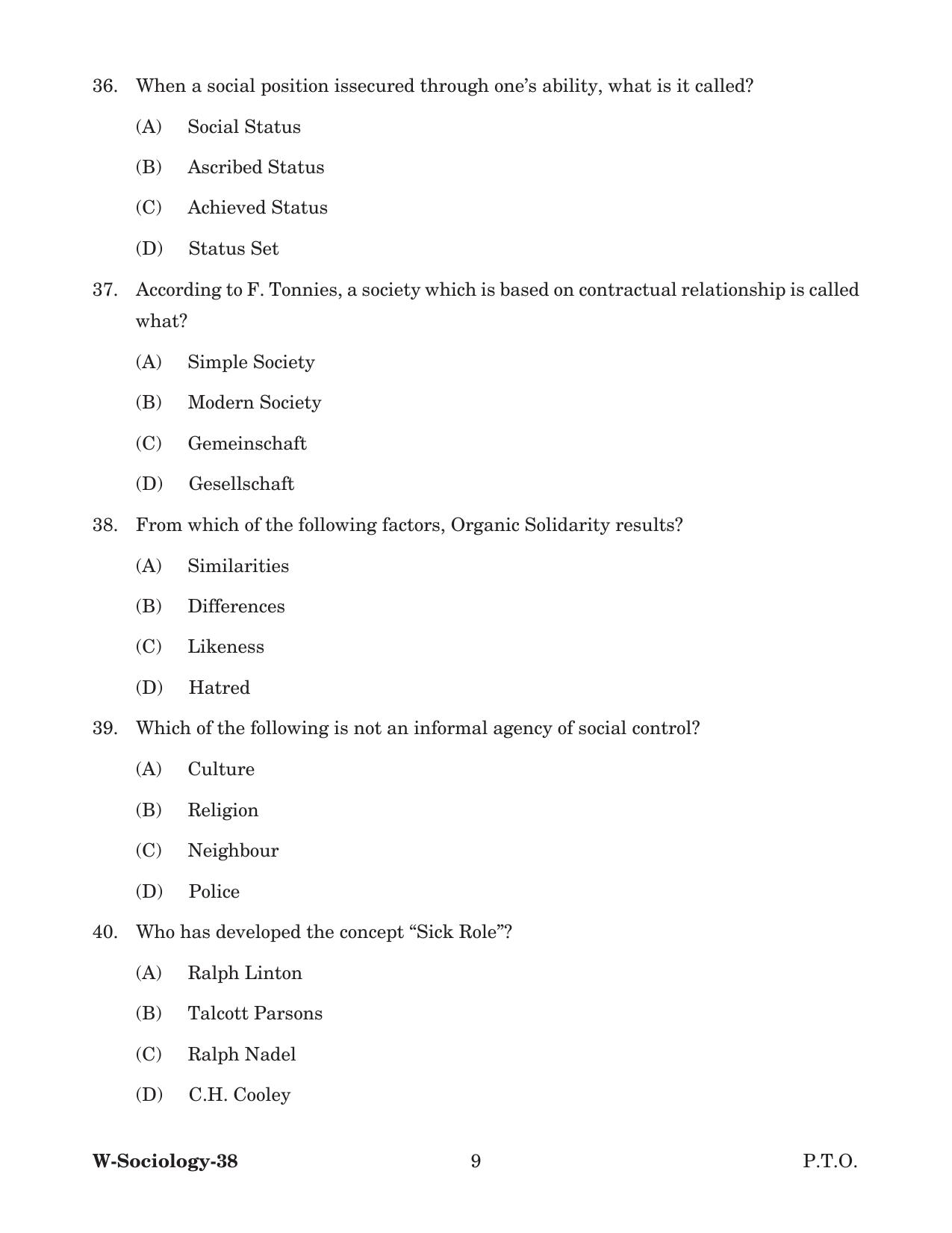 Odisha CPET 2022 SOCIOLOGY Question Paper - Page 9