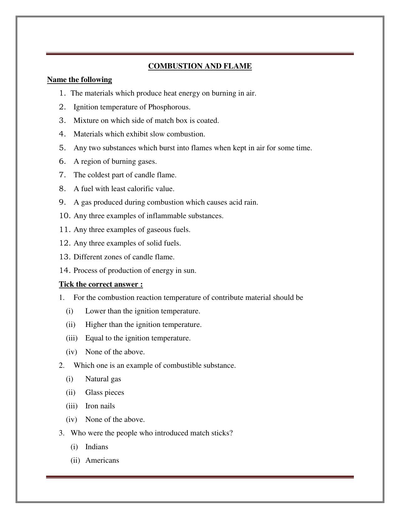CBSE Worksheets for Class 8 Science Combustion and Flame Part A Assignment - Page 1