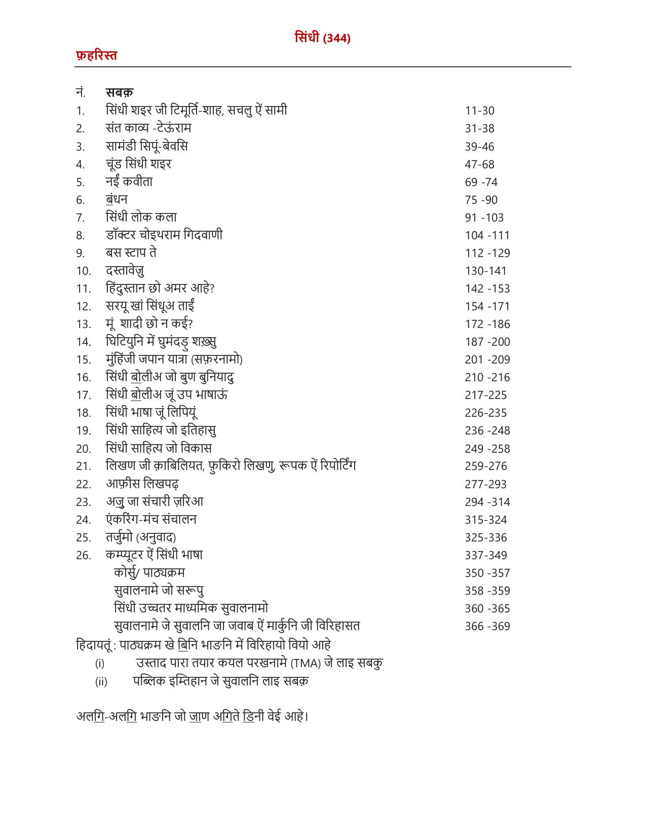NIOS Class 12 Sindhi  Syllabus - Page 1