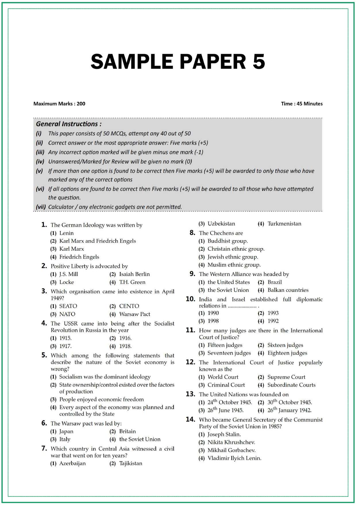 CUET Political Science Sample Paper 5 - Page 1