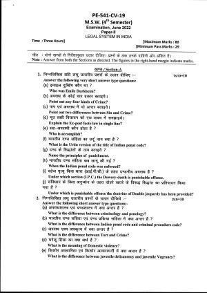 Bilaspur University Question Paper June 2022:M.S.W. (Fourth Semester) Legal System In India Paper 1
