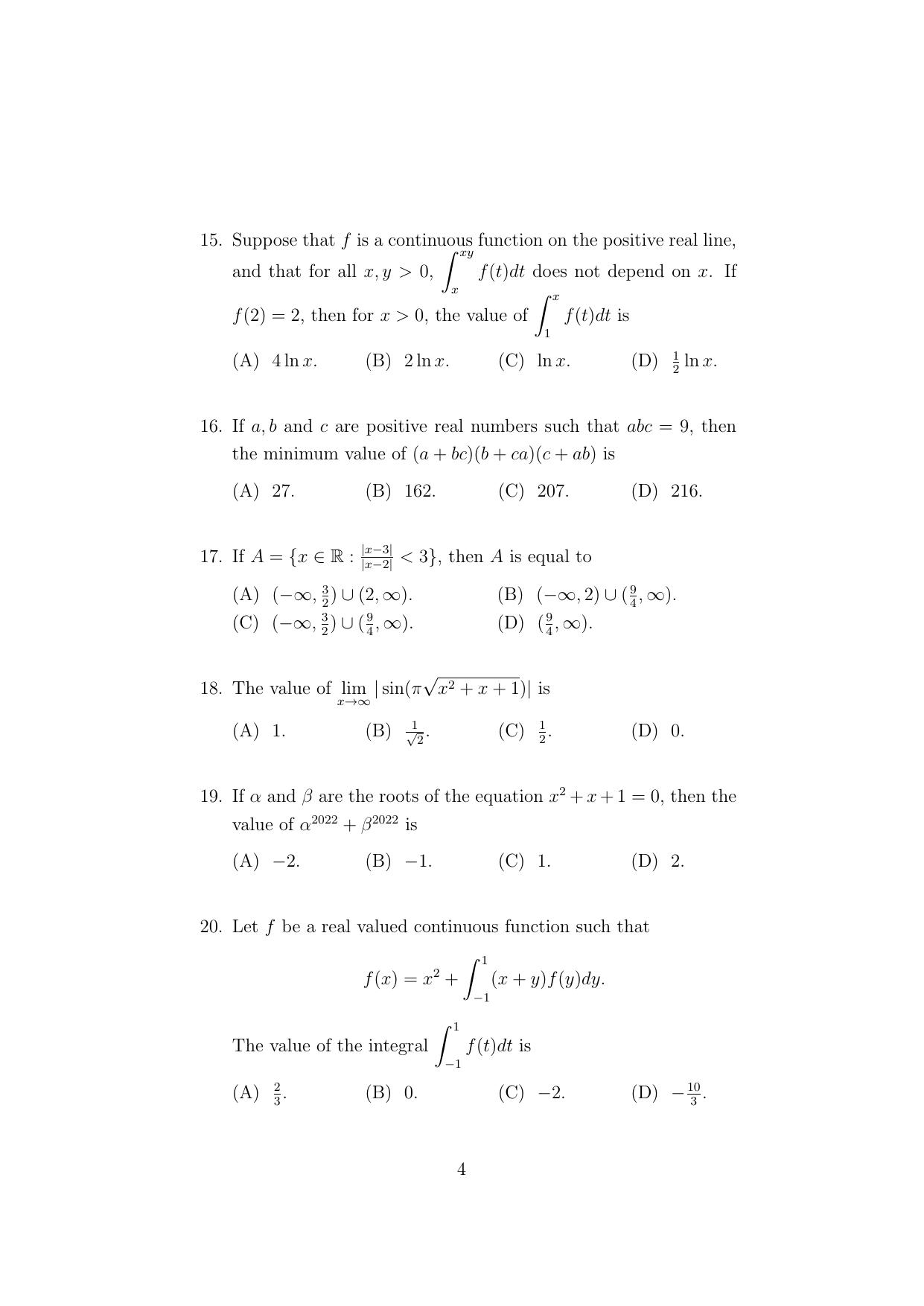 ISI Admission Test PG Diploma in Applied Statistics (online) (DST) 2023 Sample Paper - Page 4