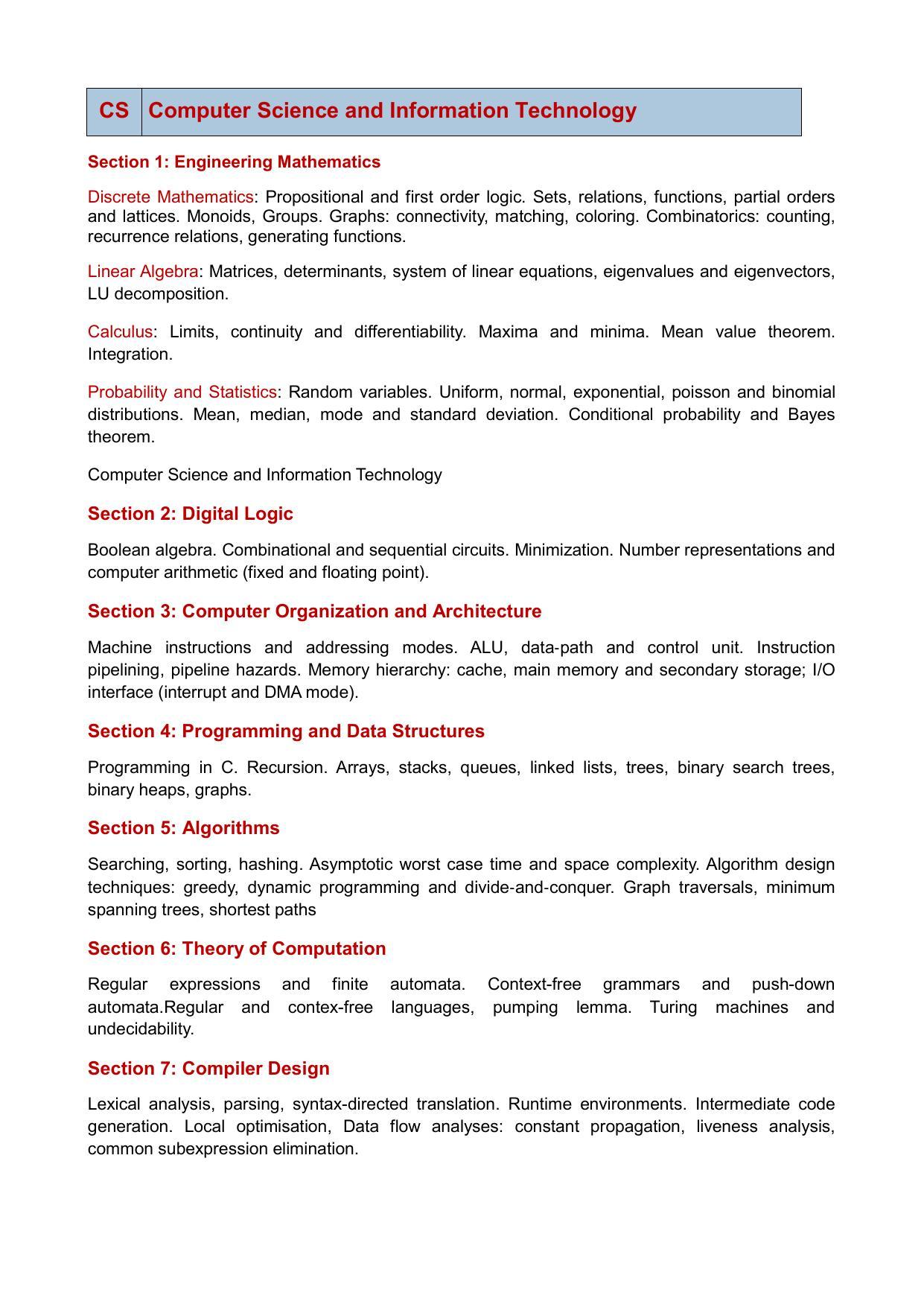 GATE Computer Science and Information Technology Syllabus - Page 1