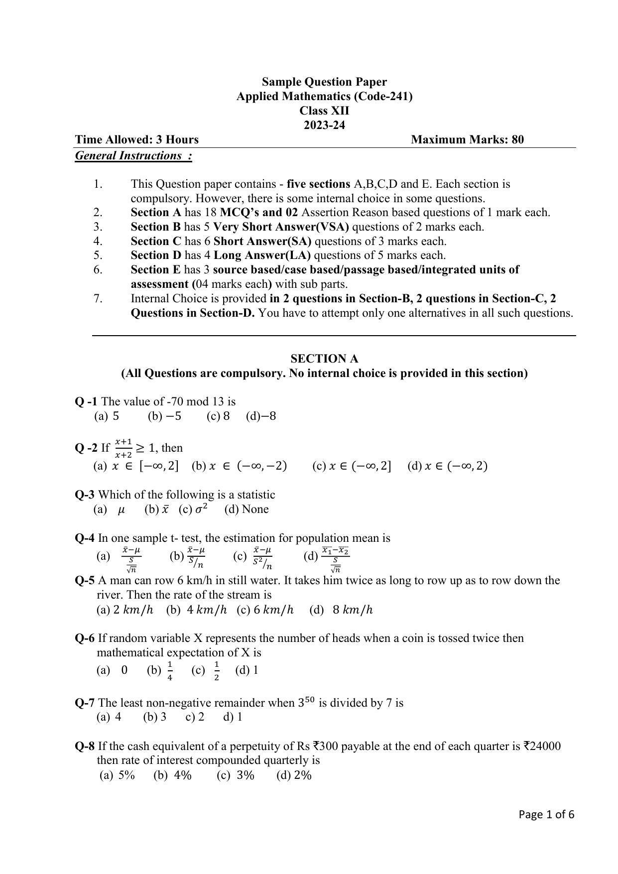 CBSE Class 12 Applied Mathematics Sample Paper 2024 - Page 1