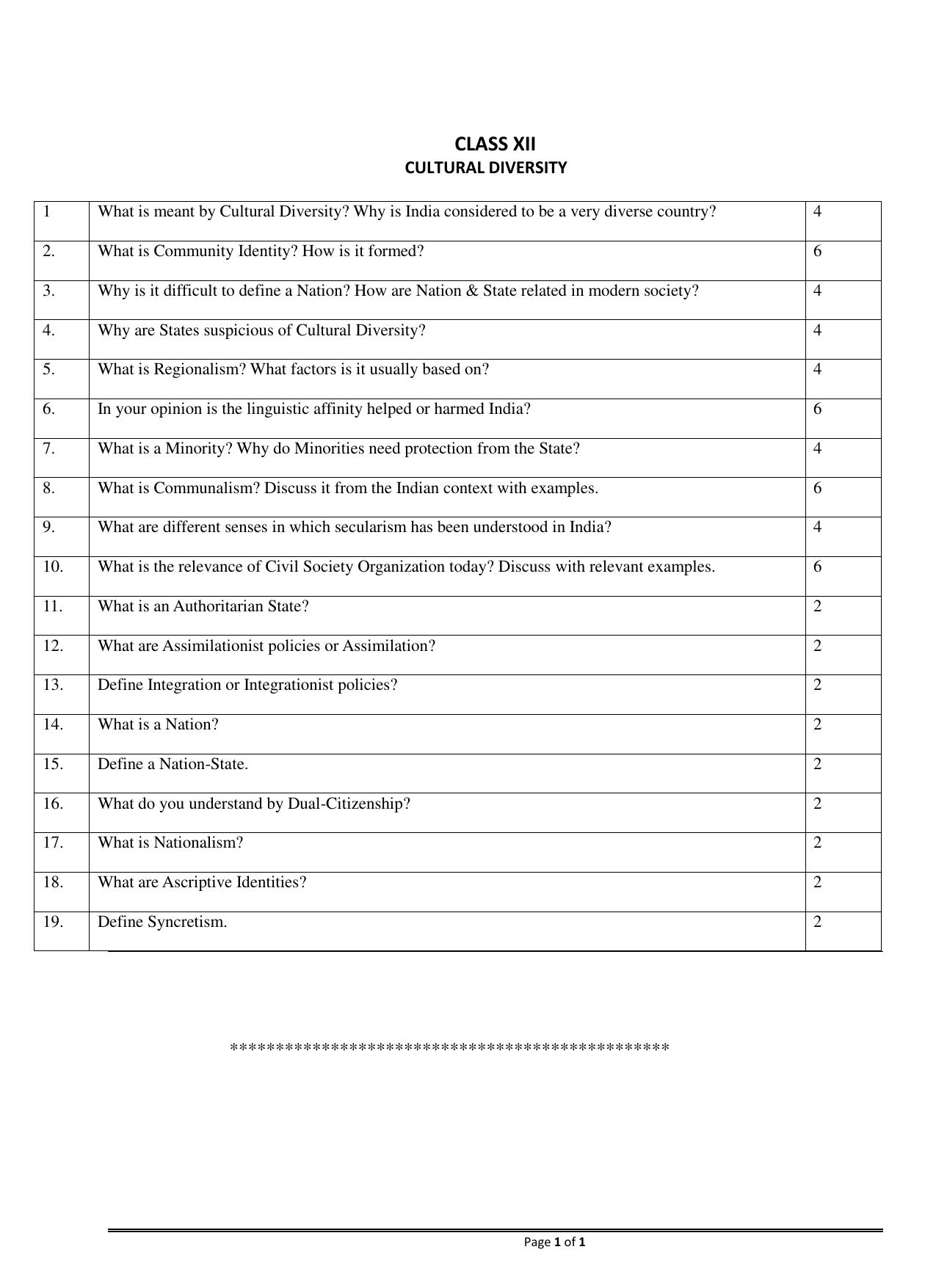 CBSE Sociology Cultural Diversity Worksheets - Page 1