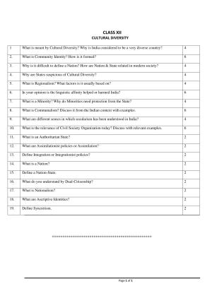 CBSE Sociology Cultural Diversity Worksheets