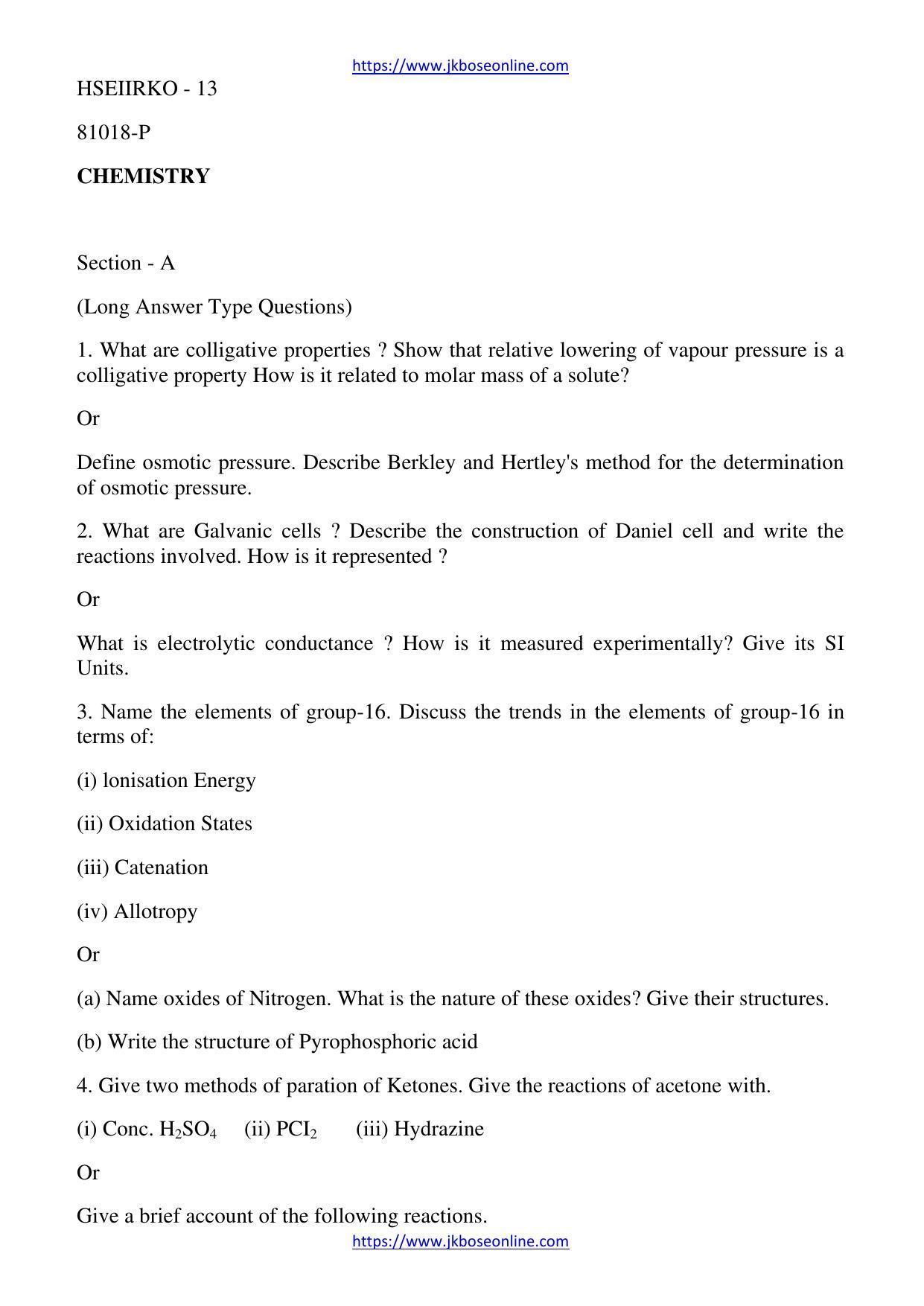 JKBOSE Class 12 Chemistry Question Papers 2013 (81018-P) - Page 1