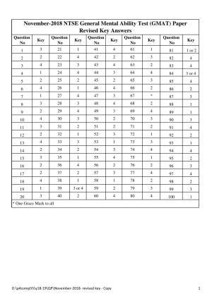 Karnataka NTSE 2018 (MAT & SAT) Asnwer Keys