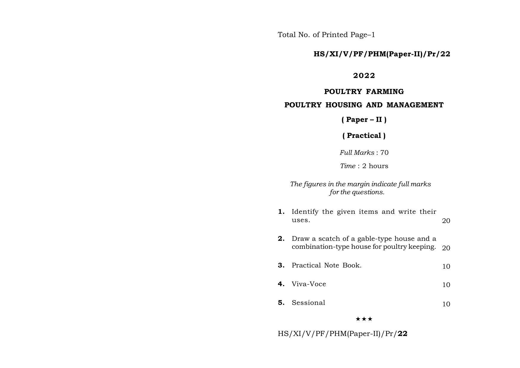 Meghalaya Board (MBOSE) Class 11 Poultry Housing and Management (practical) 2022 Question Paper - Page 1