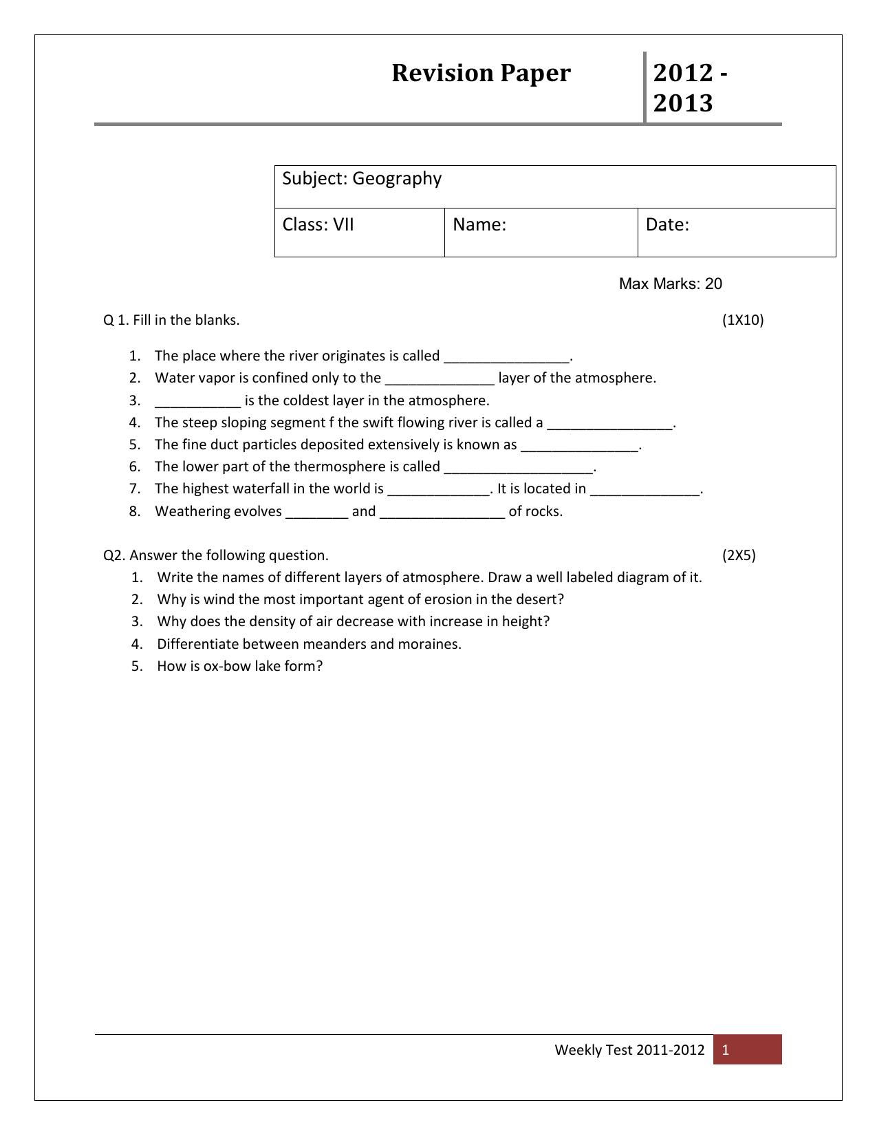 CBSE Worksheets for Class 7 Geography Assignment 18 - Page 1