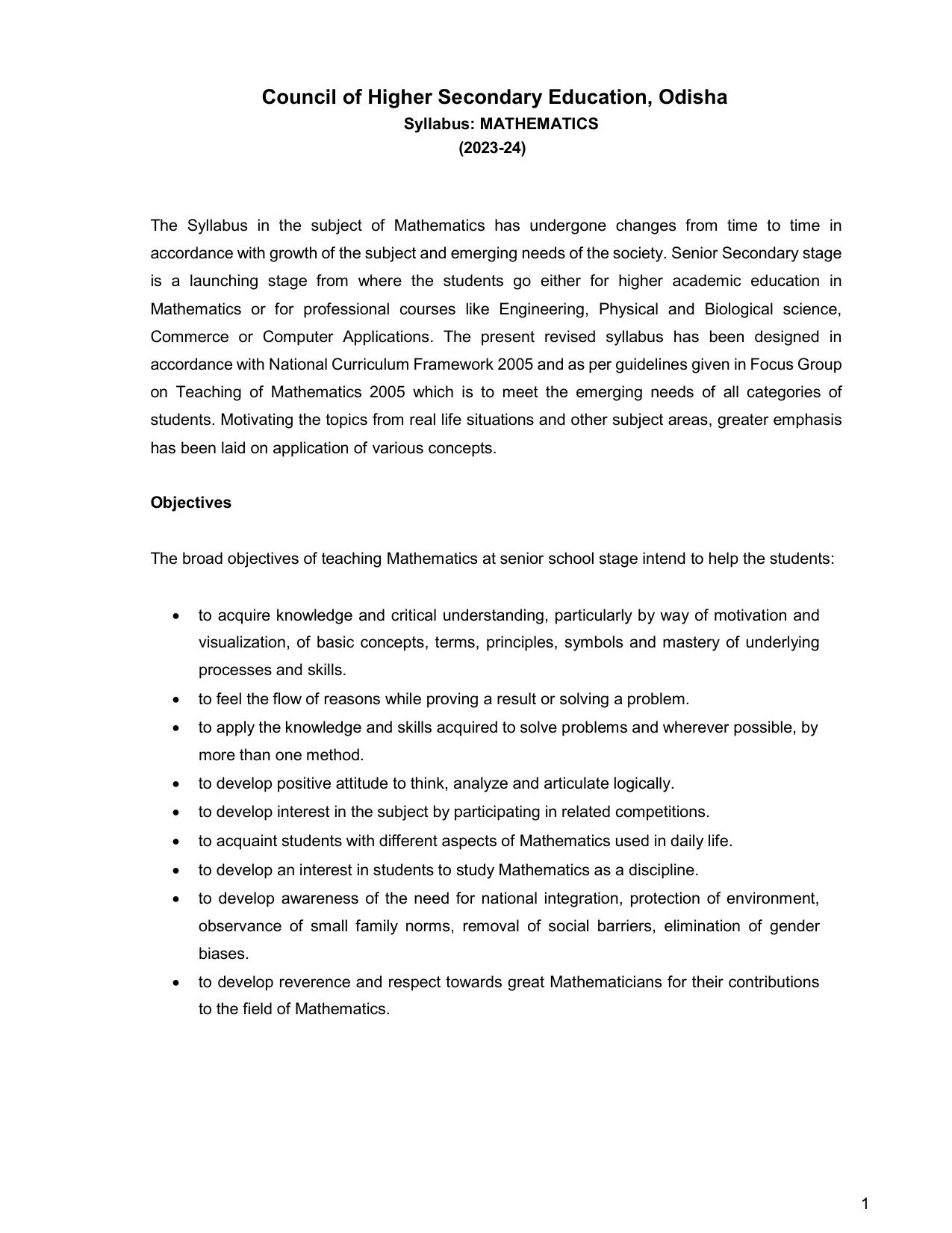CHSE Odisha Class 12 Syllabus for Mathematics - Page 1