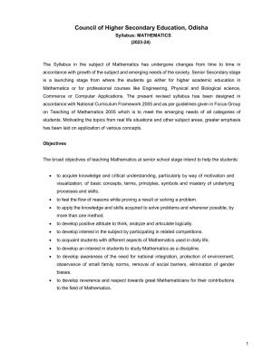 CHSE Odisha Class 12 Syllabus for Mathematics