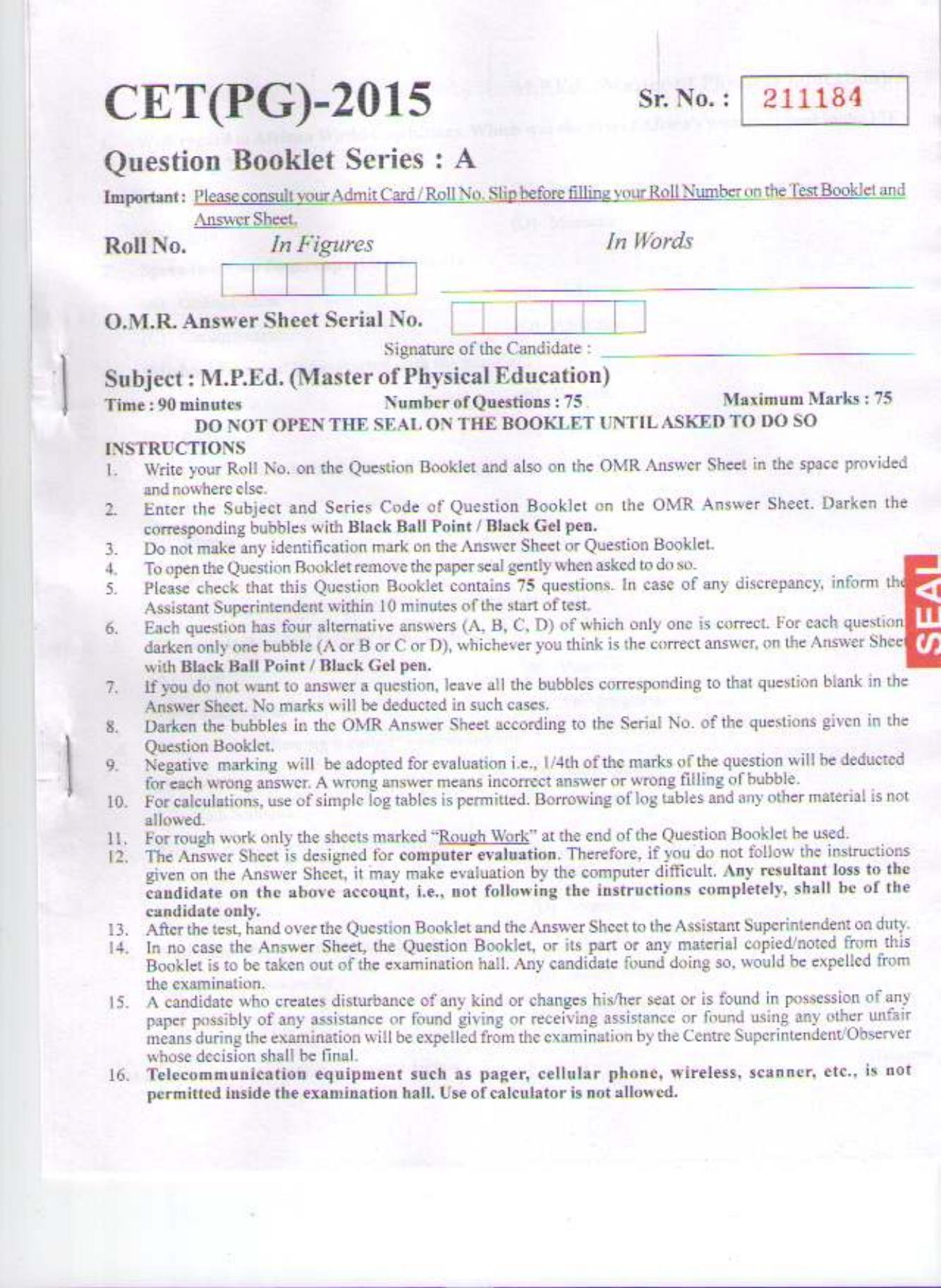 PU CET PG 2015: M.P.Ed Question Paper - Page 1