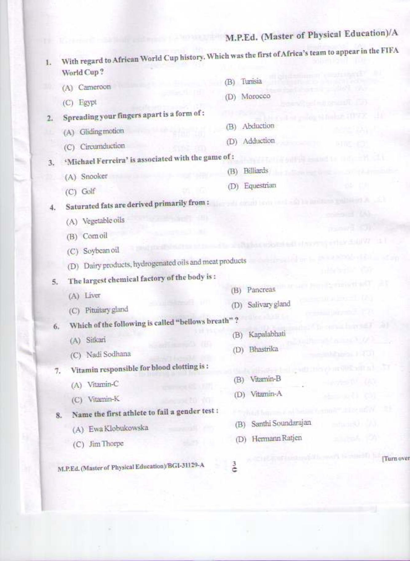 PU CET PG 2015: M.P.Ed Question Paper - Page 2