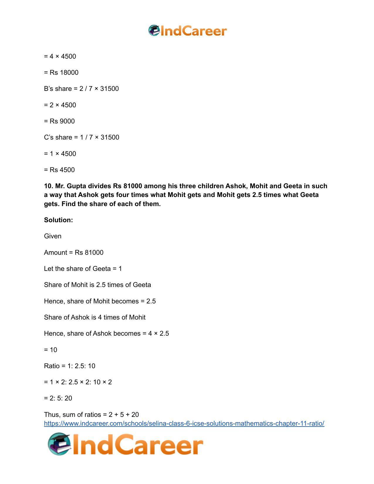 Selina Class 6 ICSE Solutions Mathematics : Chapter 11- Ratio - Page 62