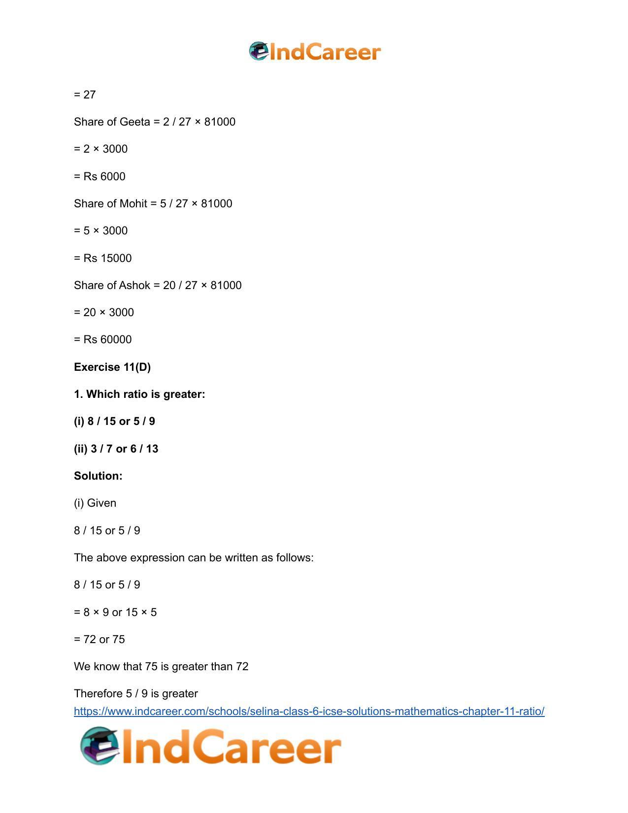 Selina Class 6 ICSE Solutions Mathematics : Chapter 11- Ratio - Page 63