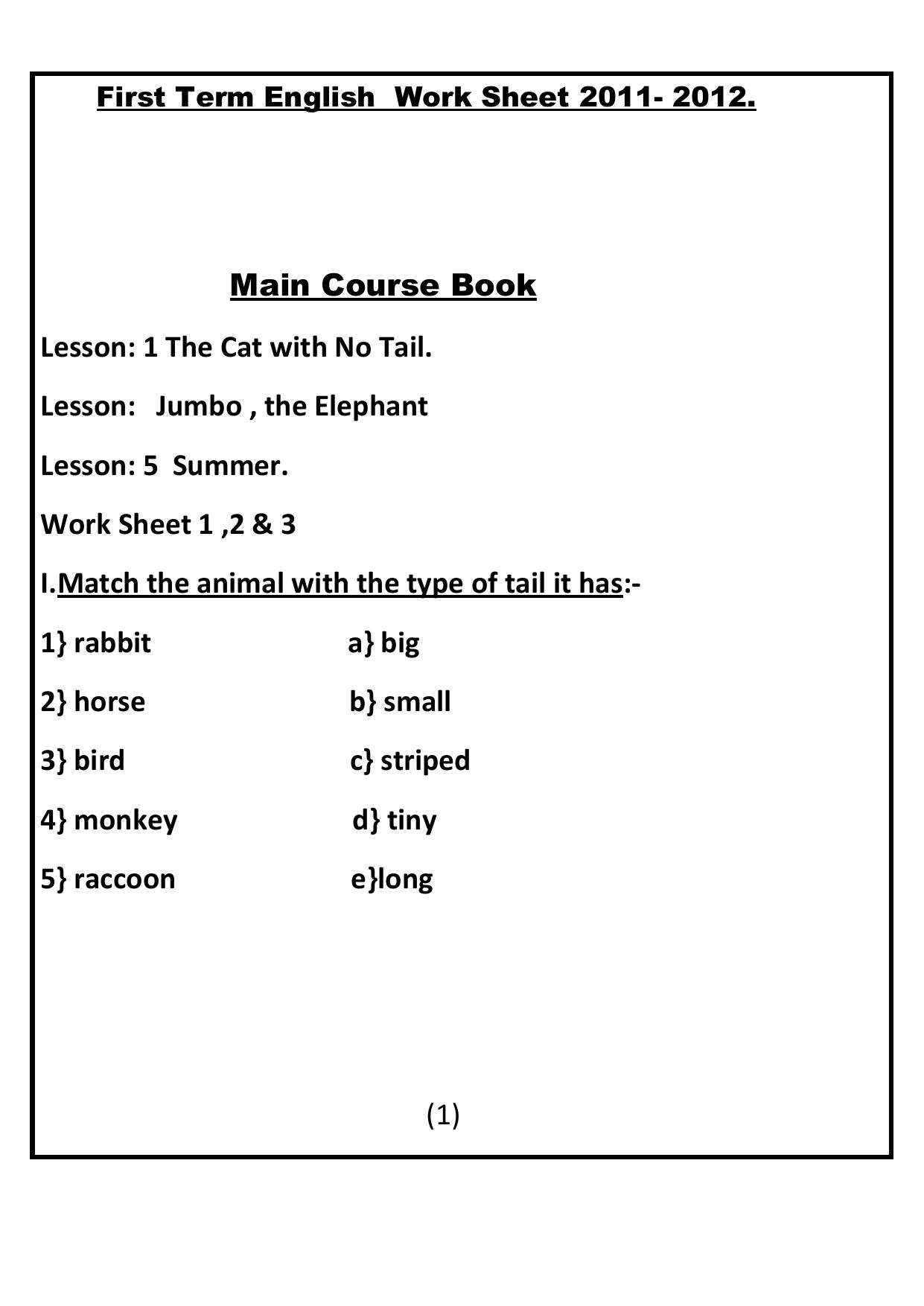 Worksheet for Class 1 English Assignment 39 - Page 1