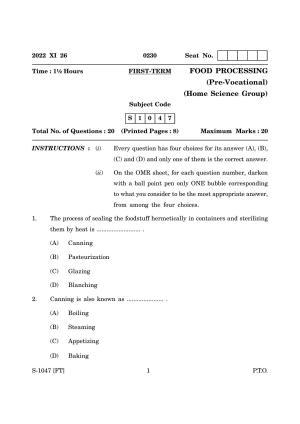 Goa Board Class 10 Food Processing (November 2022) Question Paper