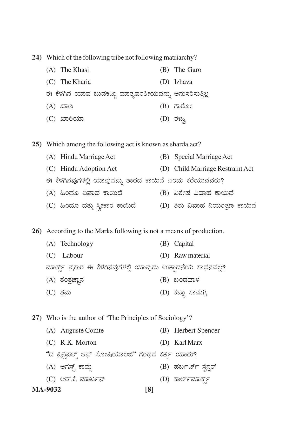 Mysore University PG Entrance Exam 2022: Sociology Question Paper - Page 8