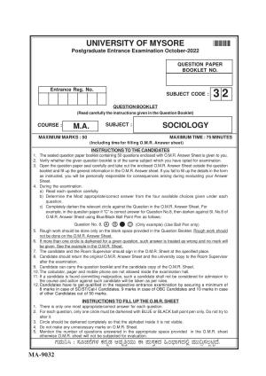 Mysore University PG Entrance Exam 2022: Sociology Question Paper