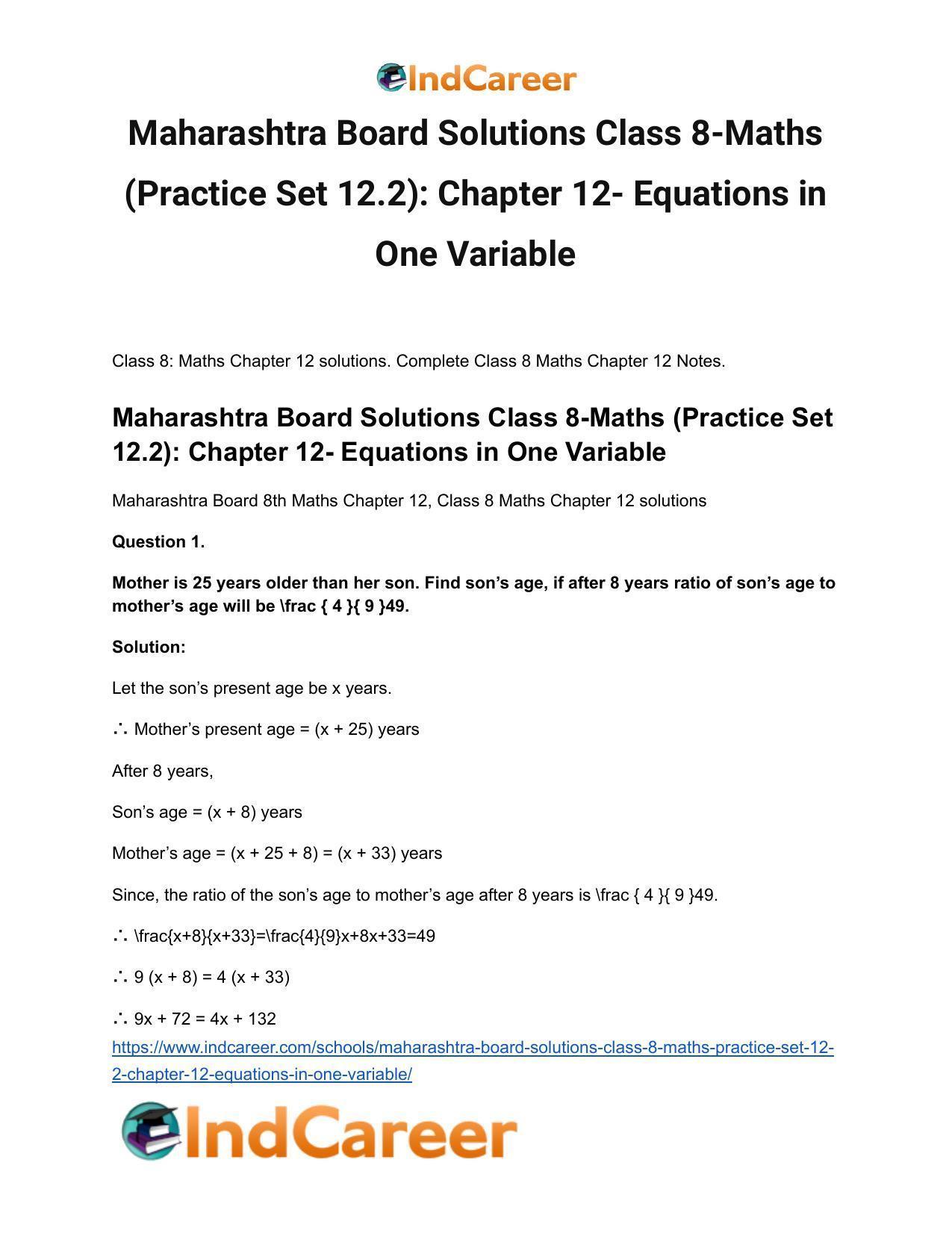 Maharashtra Board Solutions Class 8-Maths (Practice Set 12.2): Chapter 12- Equations in One Variable - Page 2