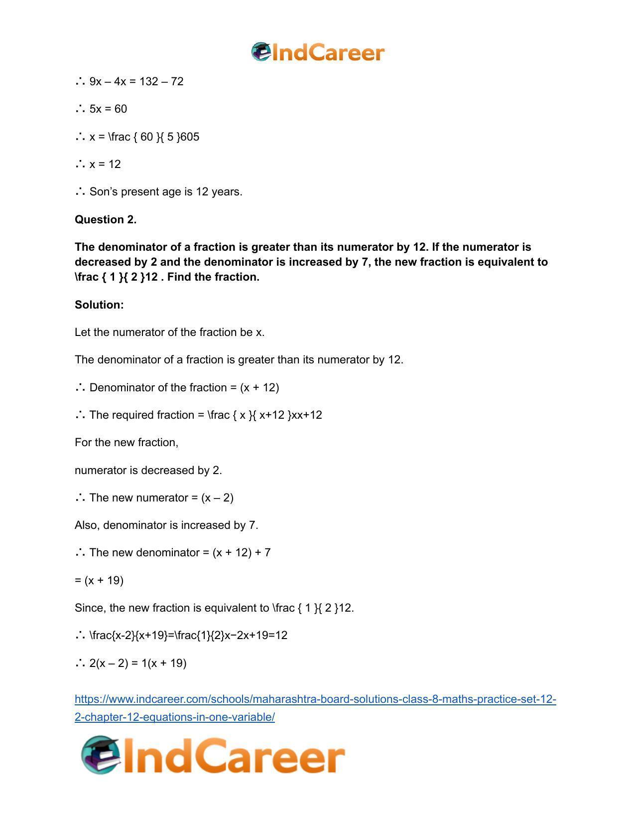 Maharashtra Board Solutions Class 8-Maths (Practice Set 12.2): Chapter 12- Equations in One Variable - Page 3
