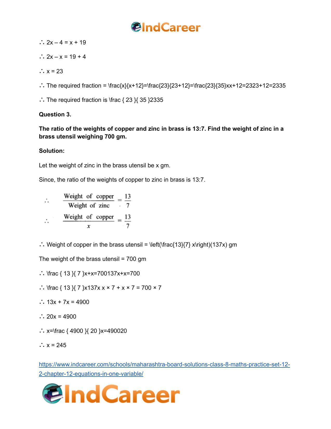 Maharashtra Board Solutions Class 8-Maths (Practice Set 12.2): Chapter 12- Equations in One Variable - Page 4
