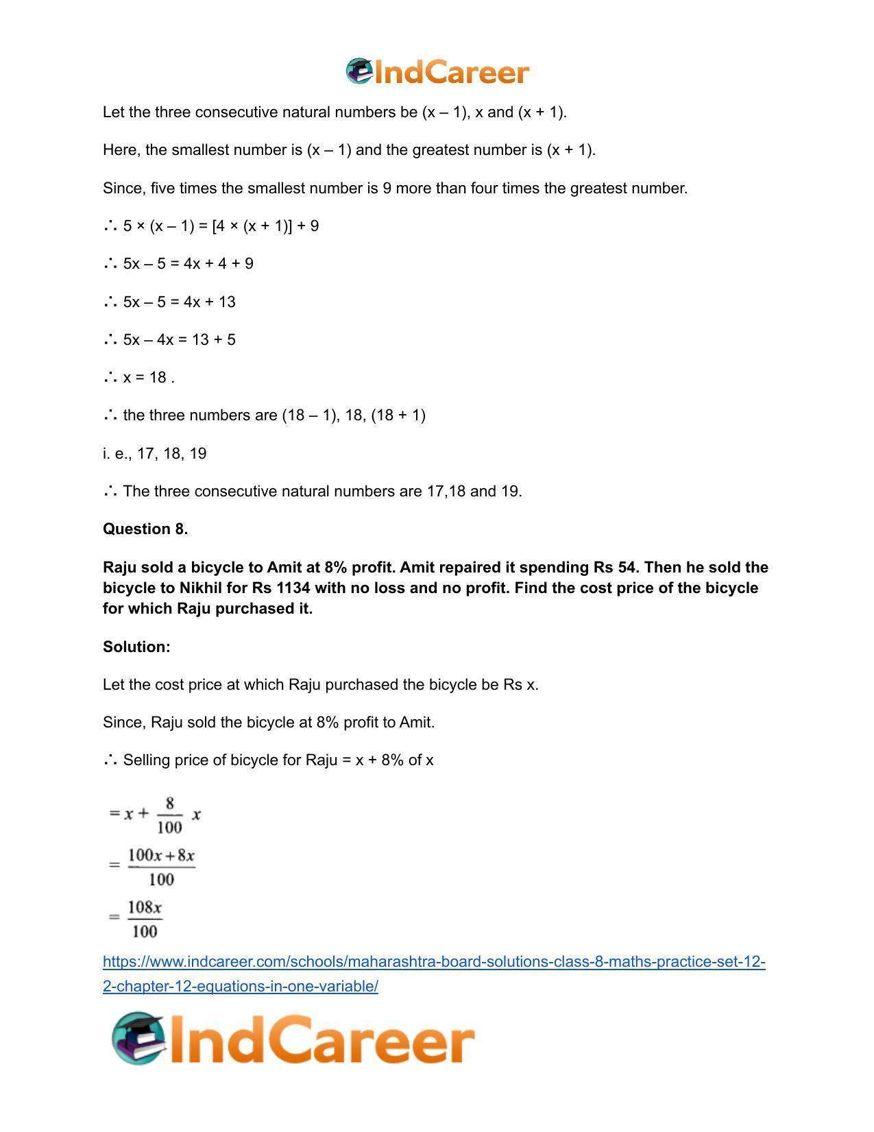 Maharashtra Board Solutions Class 8-Maths (Practice Set 12.2): Chapter 12- Equations in One Variable - Page 8