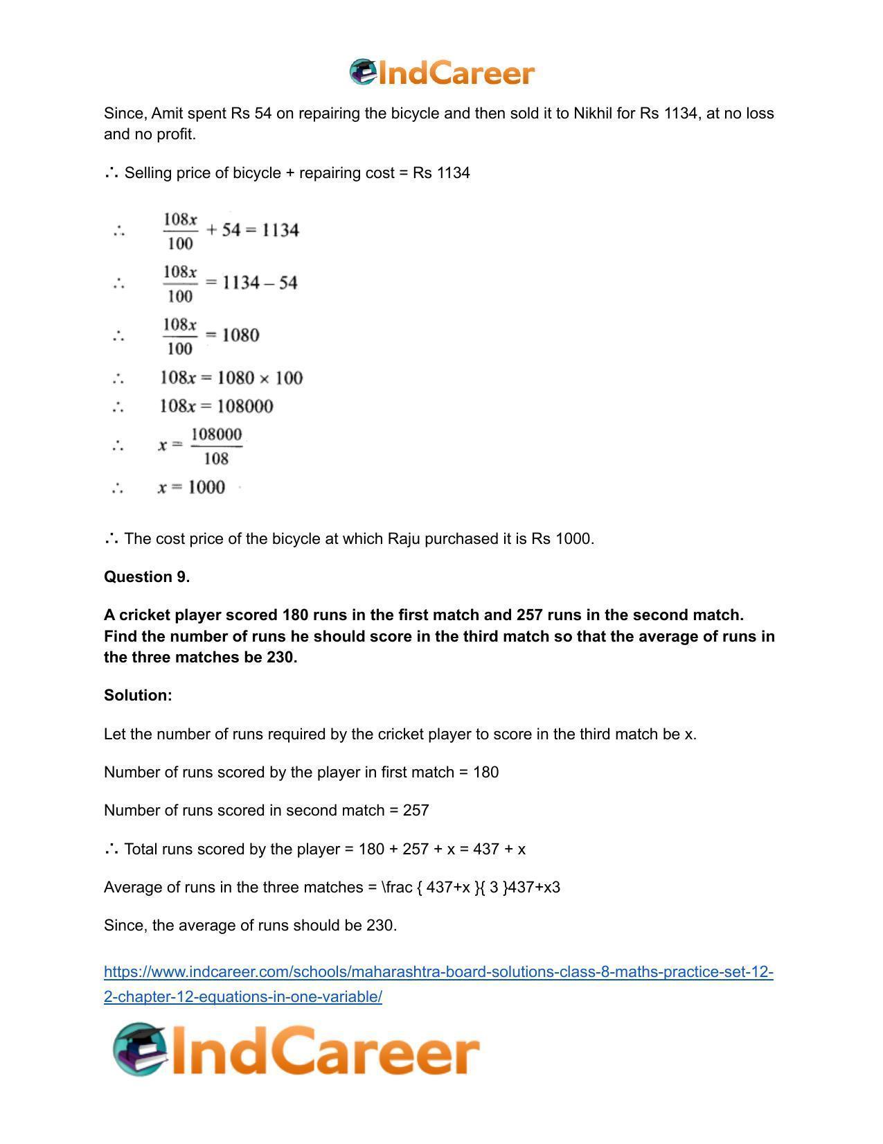 Maharashtra Board Solutions Class 8-Maths (Practice Set 12.2): Chapter 12- Equations in One Variable - Page 9