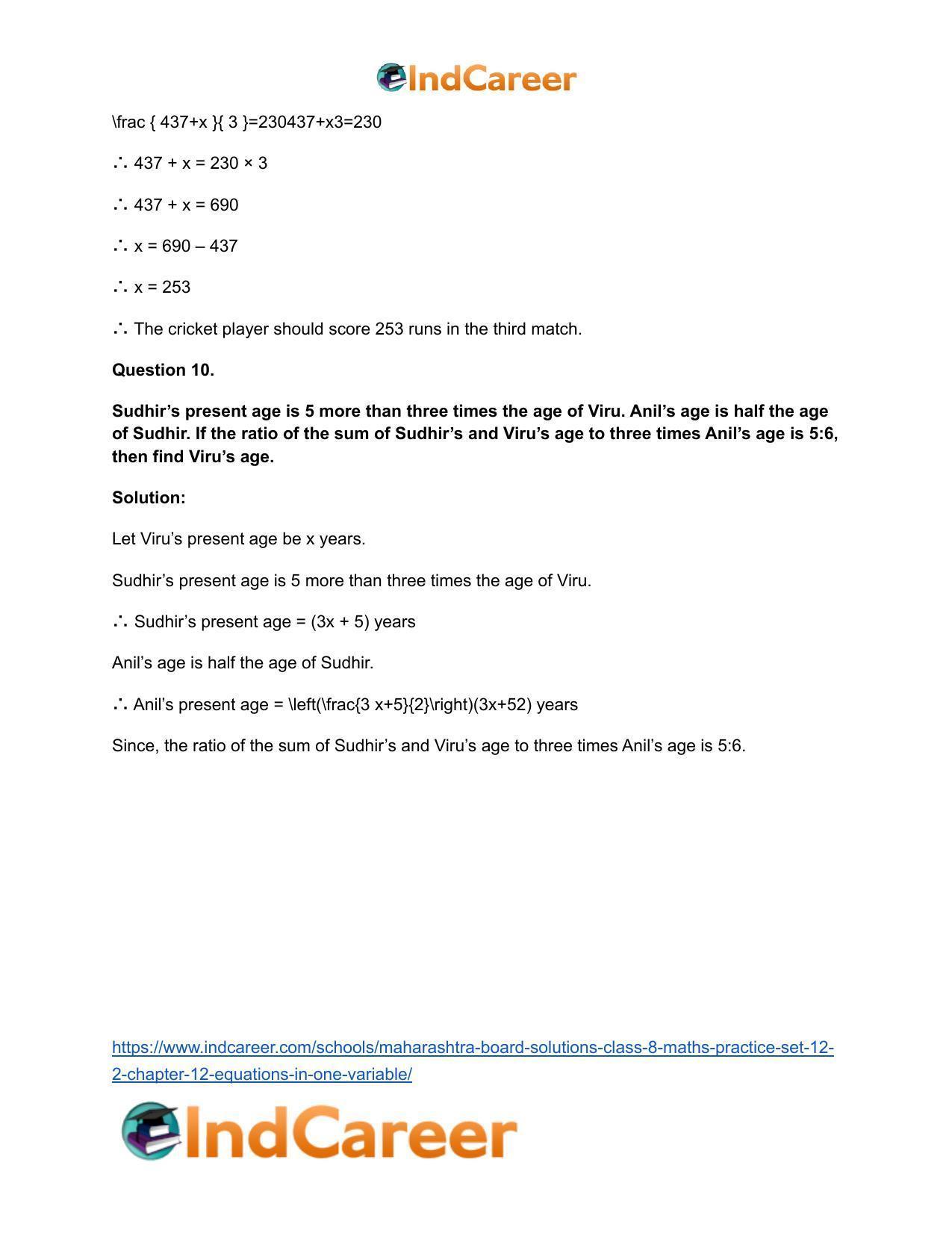 Maharashtra Board Solutions Class 8-Maths (Practice Set 12.2): Chapter 12- Equations in One Variable - Page 10